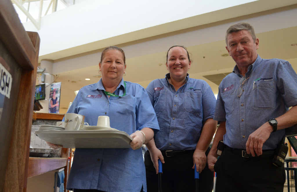 HARD WORKING: Rose City Shoppingworld cleaners Cheryl Cole, Mellissa Harney and their manager, Rod Ellis, say shoppers are generally appreciative of their work.